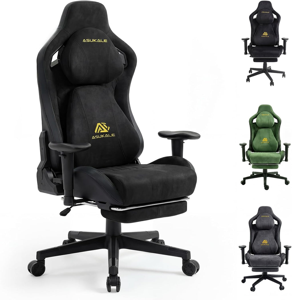 Chair Gamer Sessel, Atmungsaktiver Bürostuhl Ergonomisch aus Wildlederimitat Stoff, Stufenlos Verstellbare Rückenlehne und Drehbarer Schreibtischstuhl mit Fußstütze