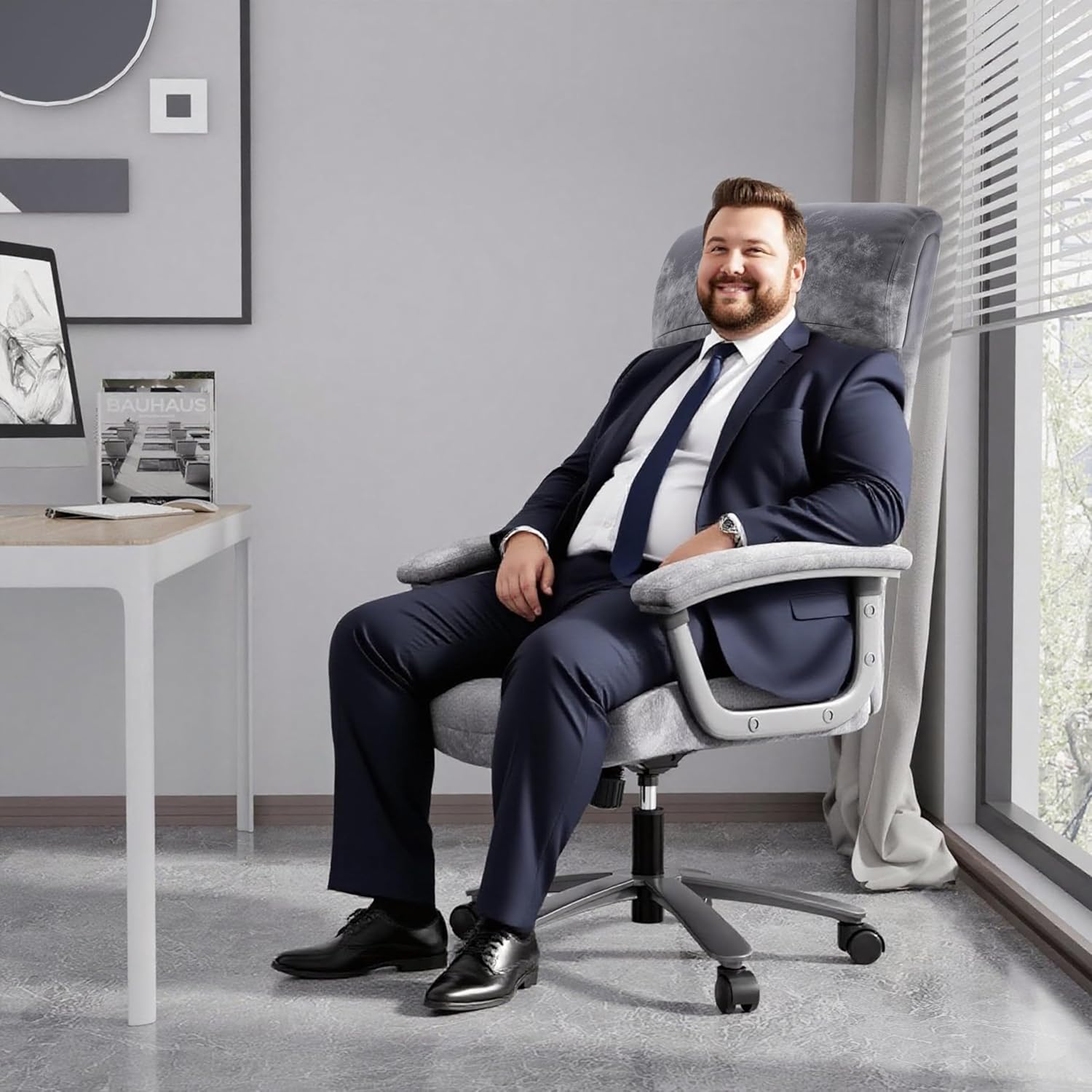 Bürostuhl Ergonomisch 200KG, 360 ° drehbar, Grau Cord Stoff