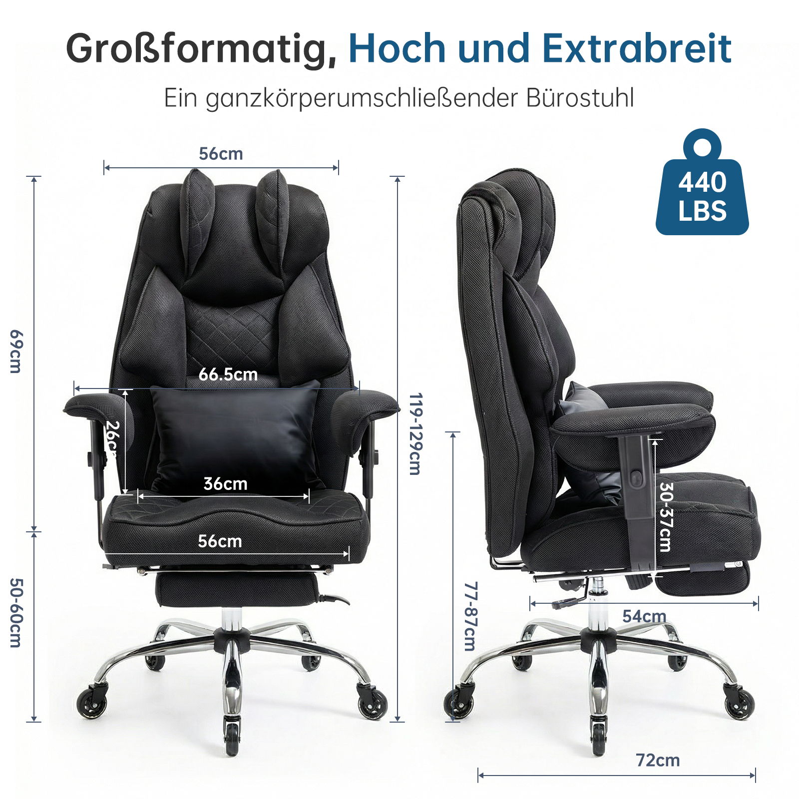 Ergonomischer Bürostuhl, Belastbarkeit 200 kg, mit Fußstütze, Lendenwirbelstütze, extra breitem Sitz, verdicktem Kissen, höhenverstellbar und Netzgewebe.