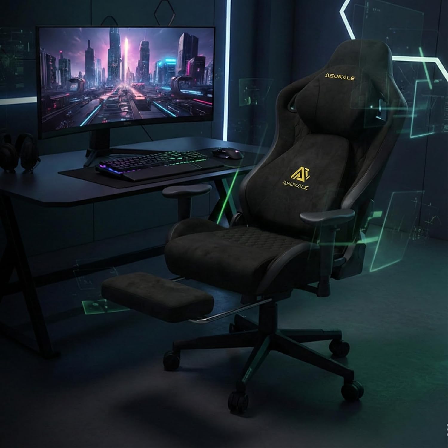 Chair Gamer Sessel, Atmungsaktiver Bürostuhl Ergonomisch aus Wildlederimitat Stoff, Stufenlos Verstellbare Rückenlehne und Drehbarer Schreibtischstuhl mit Fußstütze