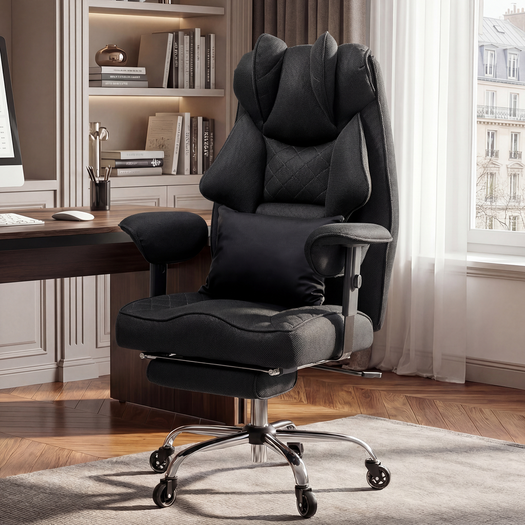 Ergonomischer Bürostuhl, Belastbarkeit 200 kg, mit Fußstütze, Lendenwirbelstütze, extra breitem Sitz, verdicktem Kissen, höhenverstellbar und Netzgewebe.