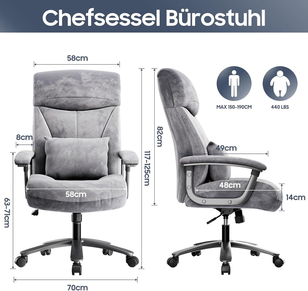 Bürostuhl Ergonomisch 200KG, 360 ° drehbar, Grau Cord Stoff