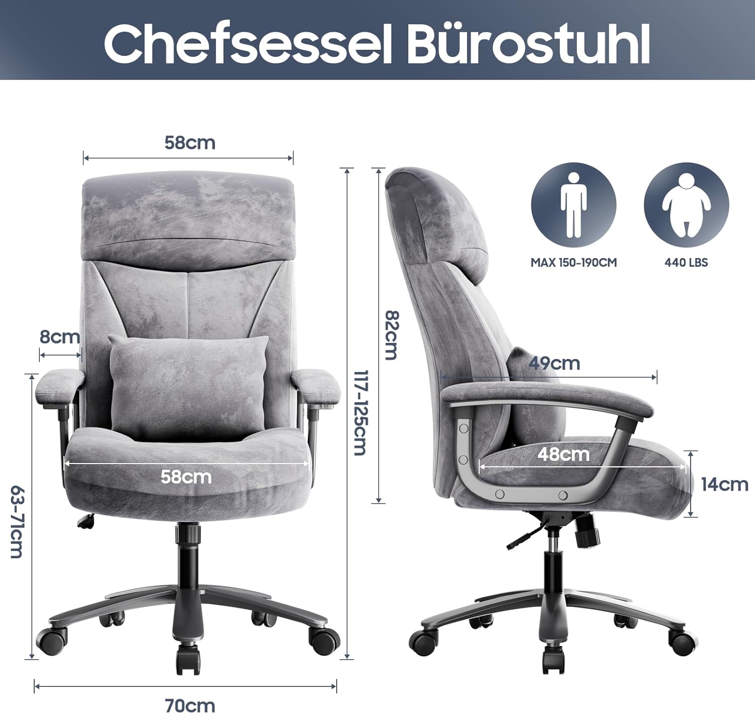 Bürostuhl Ergonomisch 200KG, 360 ° drehbar, Grau Cord Stoff