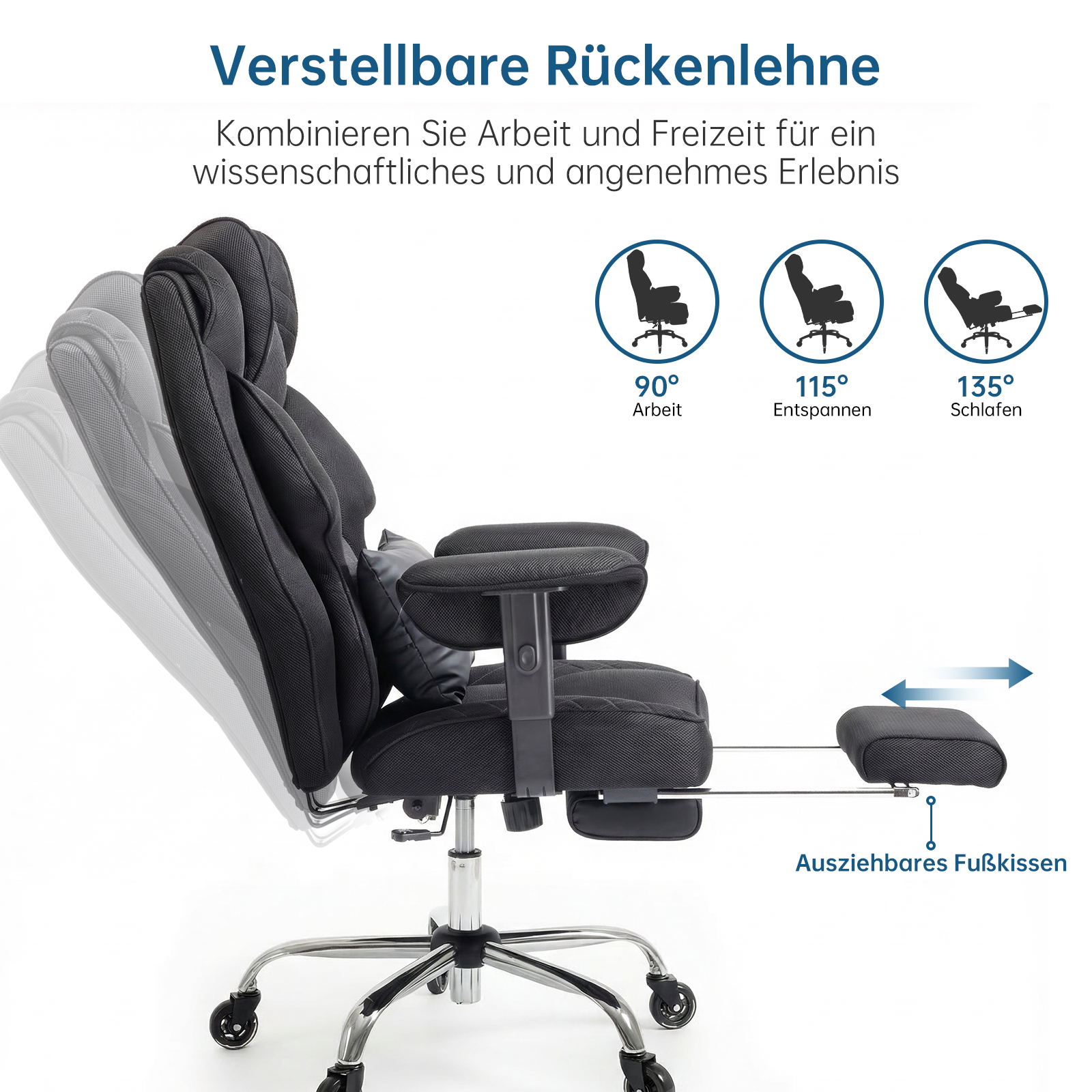 Ergonomischer Bürostuhl, Belastbarkeit 200 kg, mit Fußstütze, Lendenwirbelstütze, extra breitem Sitz, verdicktem Kissen, höhenverstellbar und Netzgewebe.