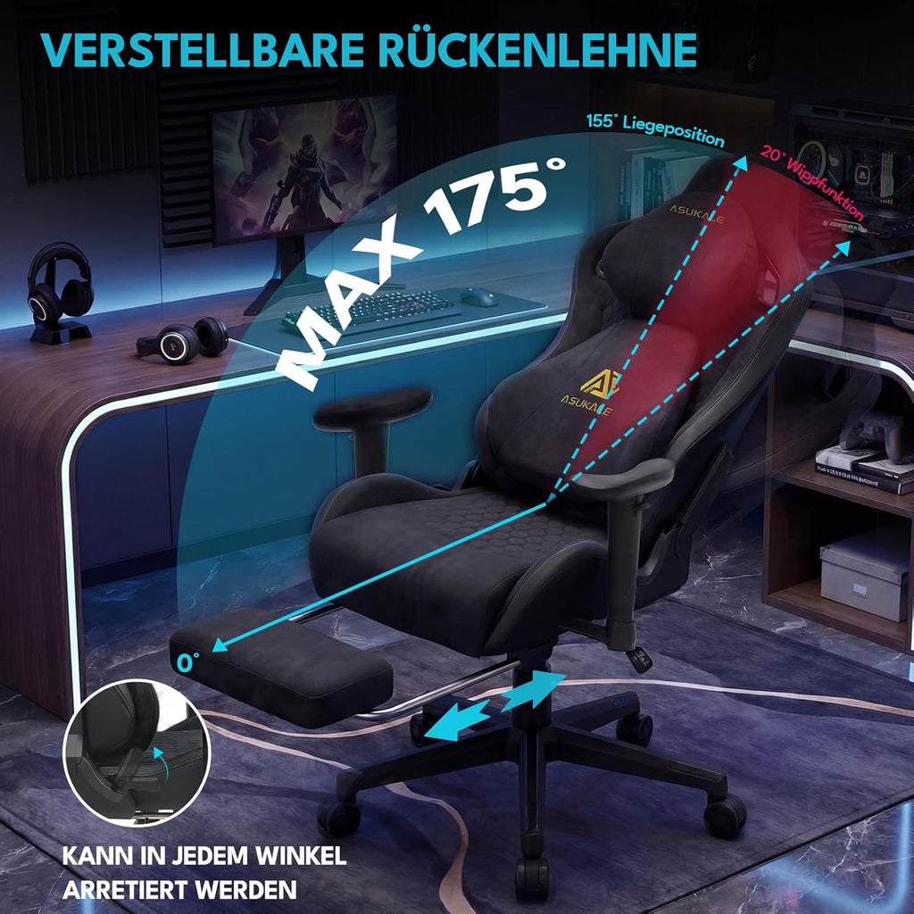 Chair Gamer Sessel, Atmungsaktiver Bürostuhl Ergonomisch aus Wildlederimitat Stoff, Stufenlos Verstellbare Rückenlehne und Drehbarer Schreibtischstuhl mit Fußstütze