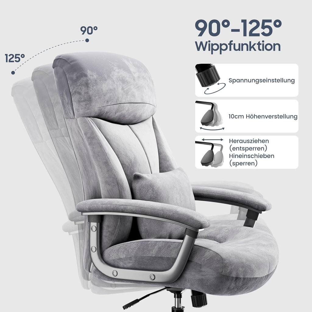 Bürostuhl Ergonomisch 200KG, 360 ° drehbar, Grau Cord Stoff