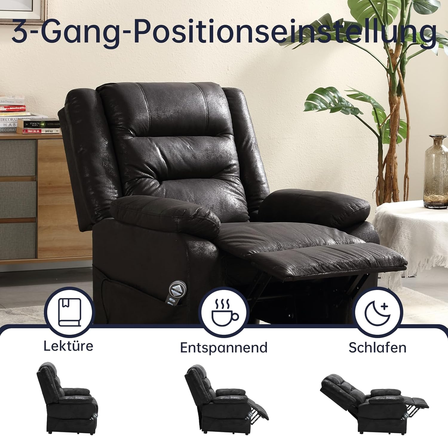 Elektrischer Fernsehsessel mit aufstehhilfe, Relaxsessel Massagesessel mit Wärmefunktion, Liegefunktion, Fernbedienung Verstellbar, Schlaffunktion und Fußteil, bis 220kg