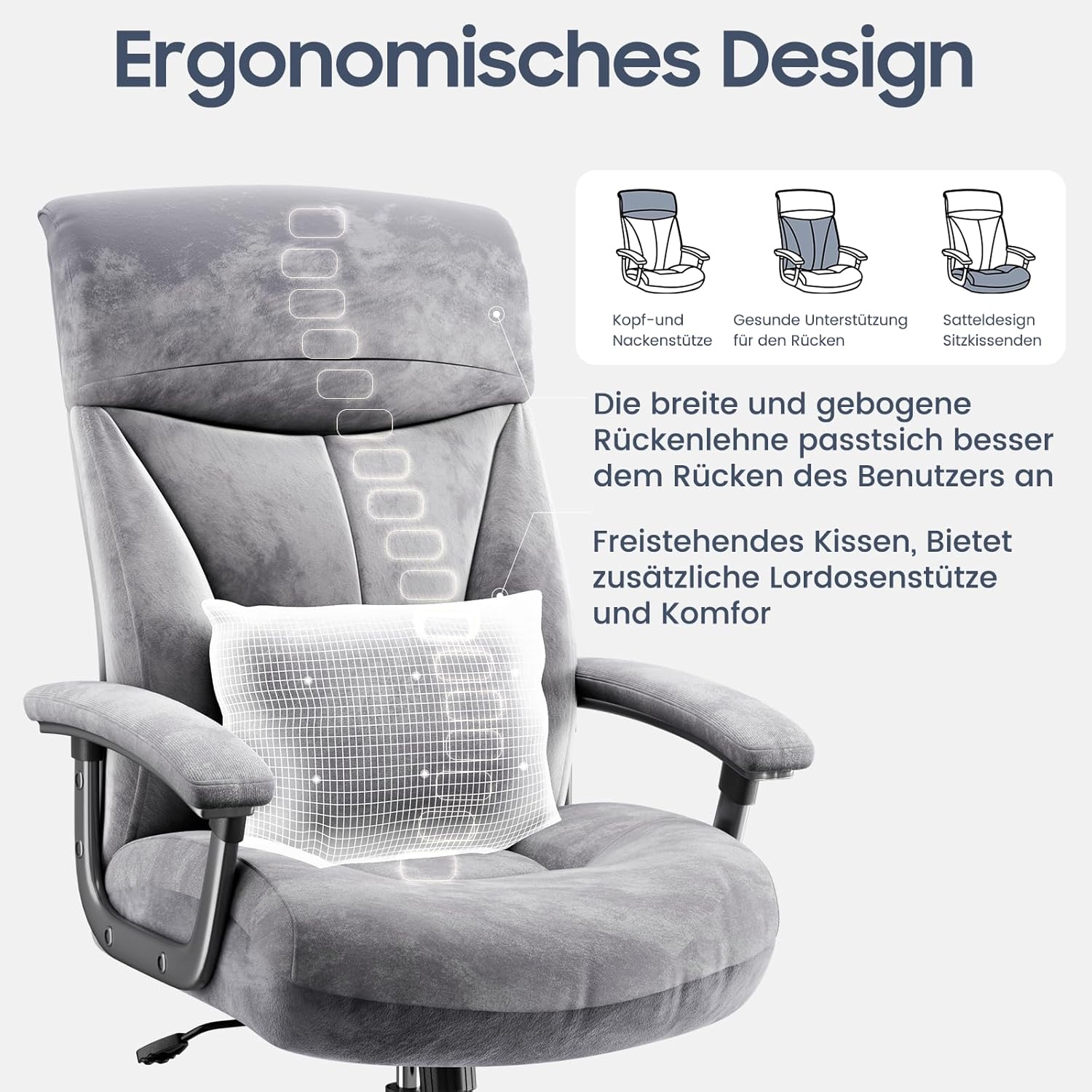 Bürostuhl Ergonomisch 200KG, 360 ° drehbar, Grau Cord Stoff