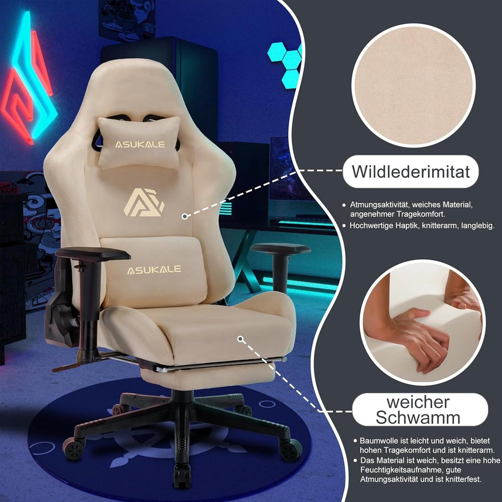 Gaming-Stuhl, atmungsaktiver, ergonomischer Bürostuhl, weich wie Fell, verstellbar und drehbar, mit Fußstütze