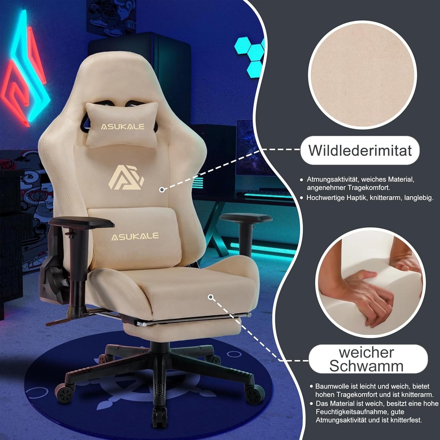Gaming-Stuhl, atmungsaktiver, ergonomischer Bürostuhl, weich wie Fell, verstellbar und drehbar, mit Fußstütze