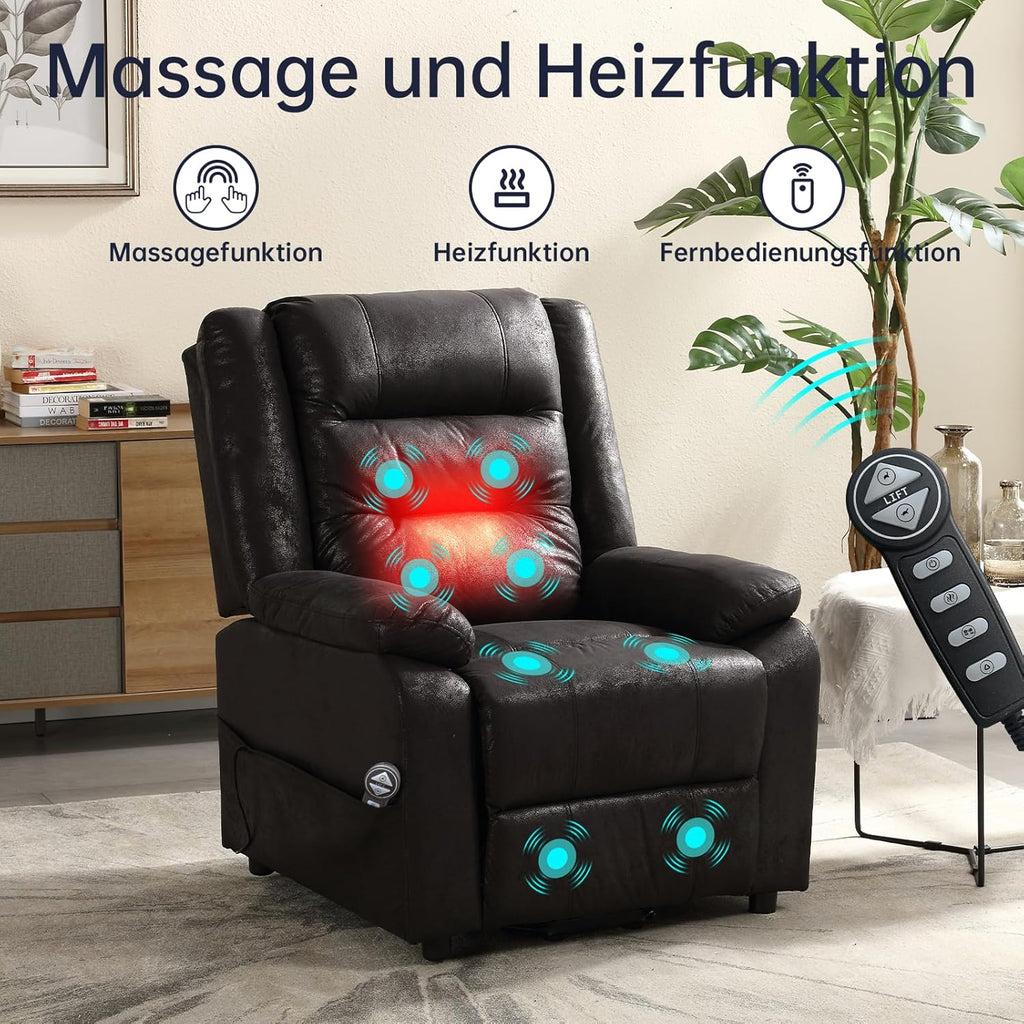 Elektrischer Fernsehsessel mit aufstehhilfe, Relaxsessel Massagesessel mit Wärmefunktion, Liegefunktion, Fernbedienung Verstellbar, Schlaffunktion und Fußteil, bis 220kg