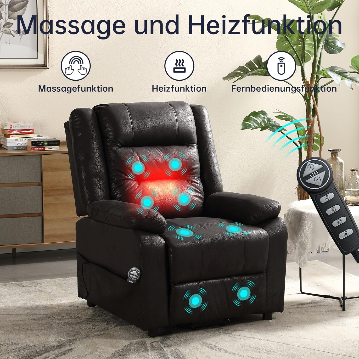 Elektrischer Fernsehsessel mit aufstehhilfe, Relaxsessel Massagesessel mit Wärmefunktion, Liegefunktion, Fernbedienung Verstellbar, Schlaffunktion und Fußteil, bis 220kg