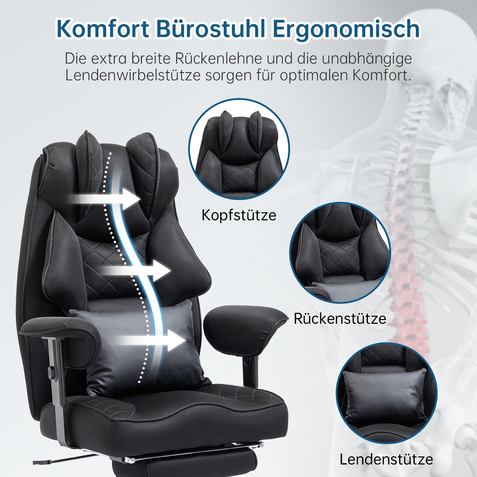Ergonomischer Bürostuhl, Belastbarkeit 200 kg, mit Fußstütze, Lendenwirbelstütze, extra breitem Sitz, verdicktem Kissen, höhenverstellbar und Netzgewebe.