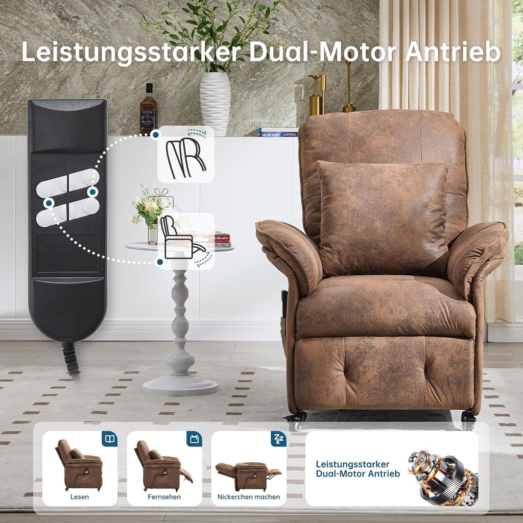 Ein Fernsehsessel mit Liegefunktion, Rollen, verstellbarer Rückenlehne und Fußstütze sowie Taschen auf beiden Seiten.