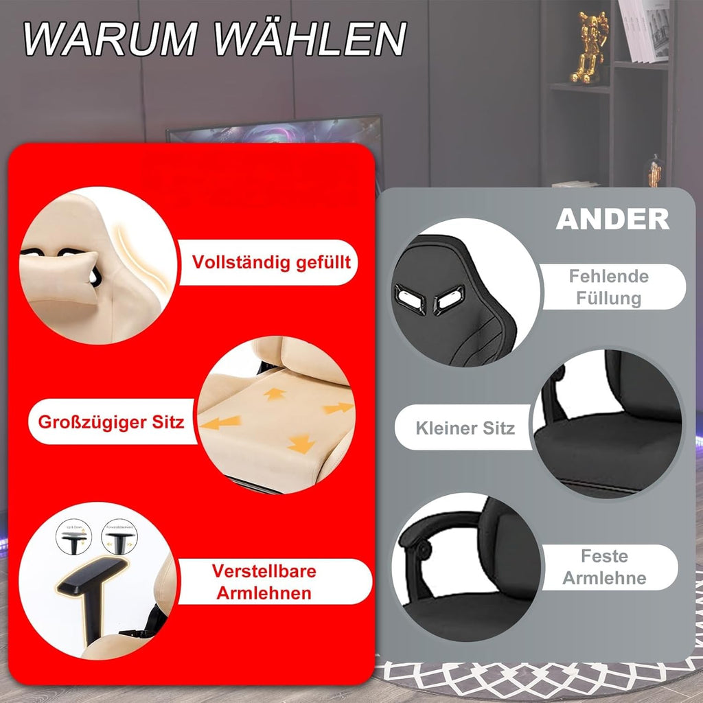 Gaming-Stuhl, atmungsaktiver, ergonomischer Bürostuhl, weich wie Fell, verstellbar und drehbar, mit Fußstütze