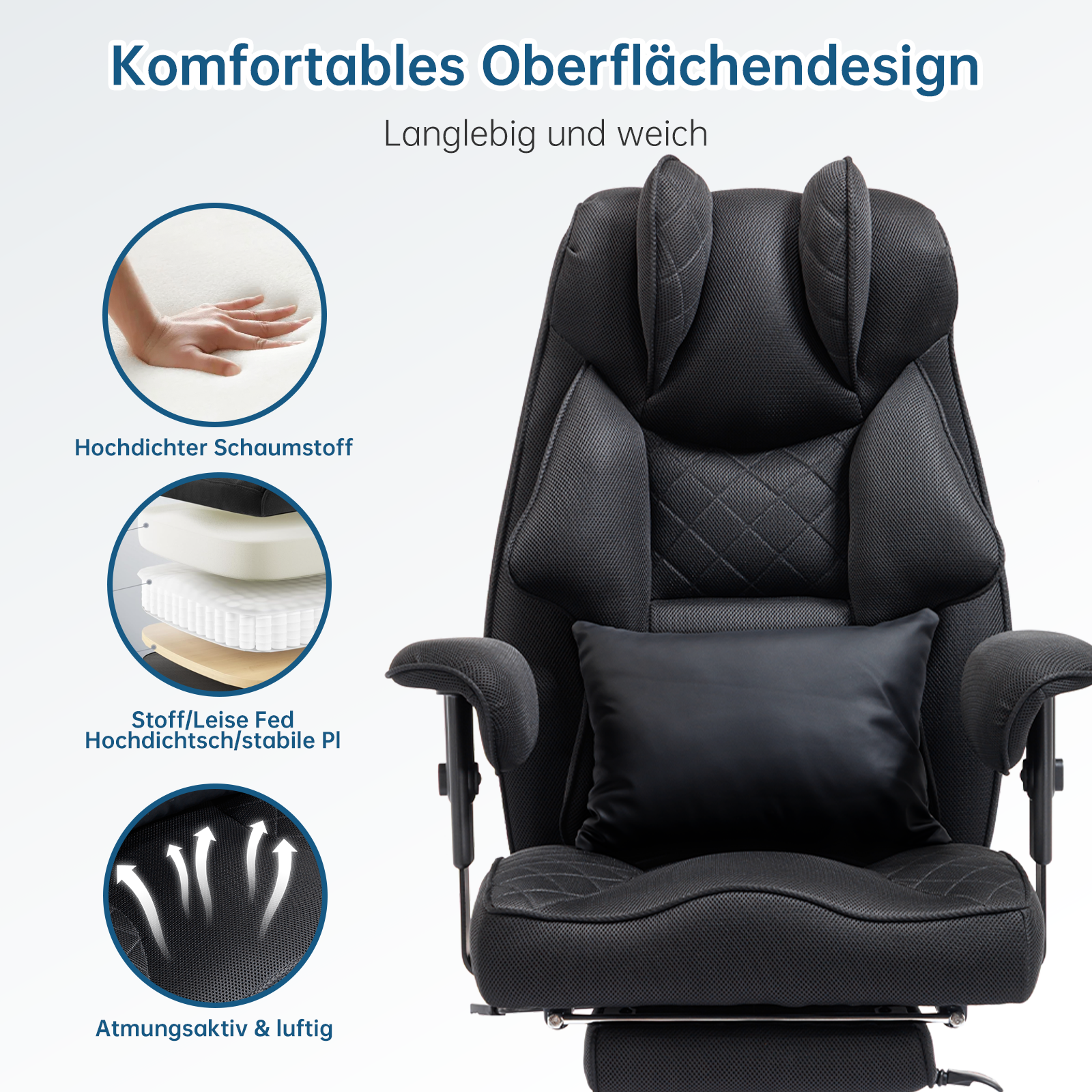Ergonomischer Bürostuhl, Belastbarkeit 200 kg, mit Fußstütze, Lendenwirbelstütze, extra breitem Sitz, verdicktem Kissen, höhenverstellbar und Netzgewebe.