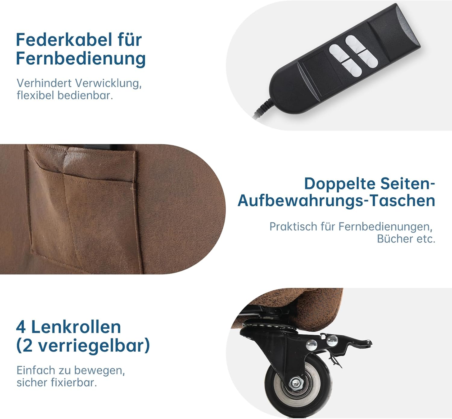 Ein Fernsehsessel mit Liegefunktion, Rollen, verstellbarer Rückenlehne und Fußstütze sowie Taschen auf beiden Seiten.