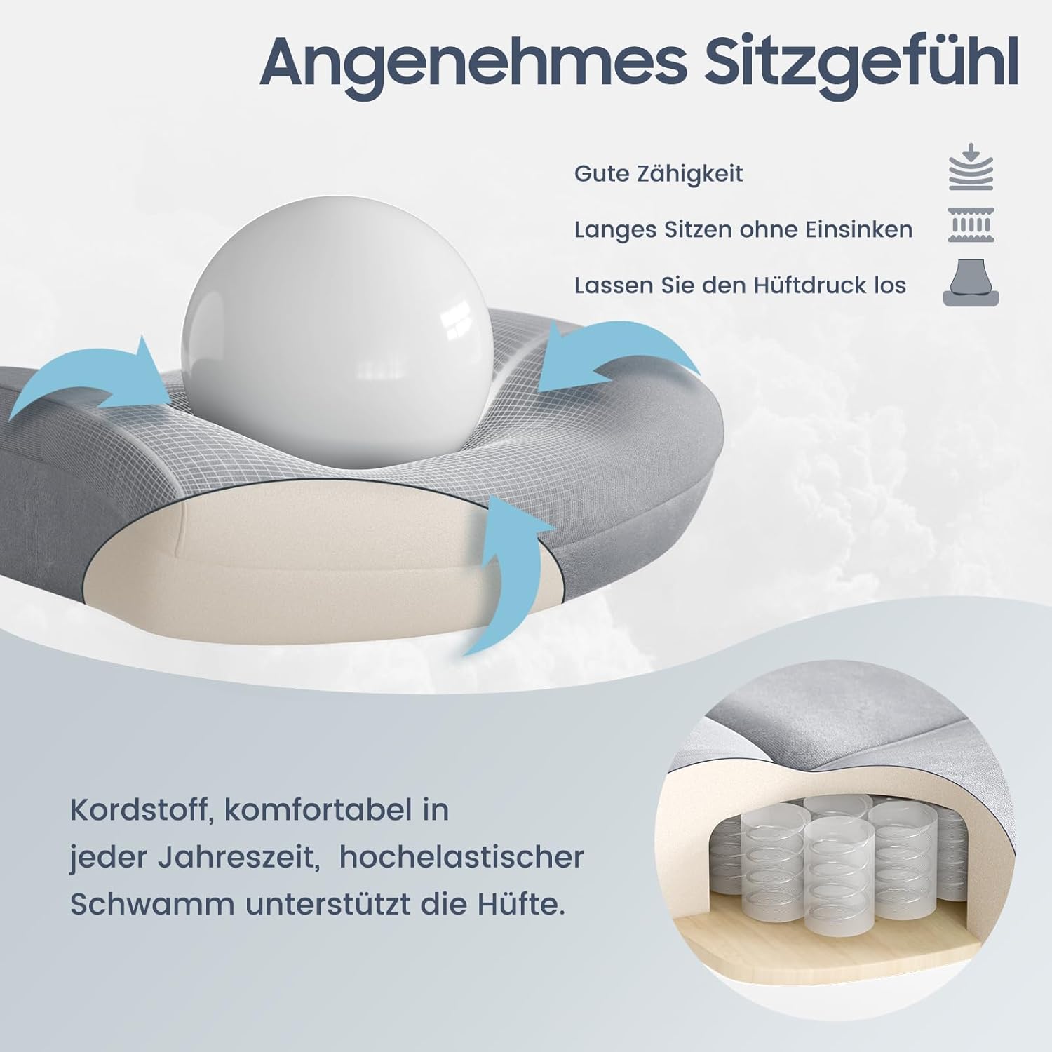 Bürostuhl Ergonomisch 200KG, 360 ° drehbar, Grau Cord Stoff