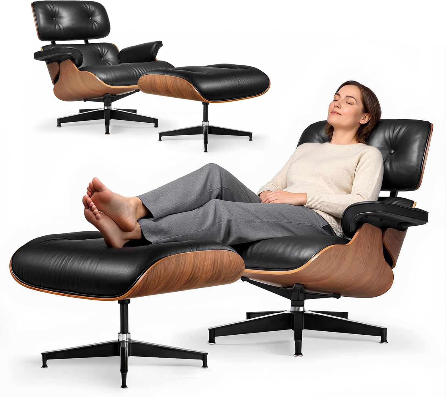 Leder Relaxsessel mit Hocker, Fester Neigungswinkel von 105°, TV-Sessel mit Gepolstertem Kissen