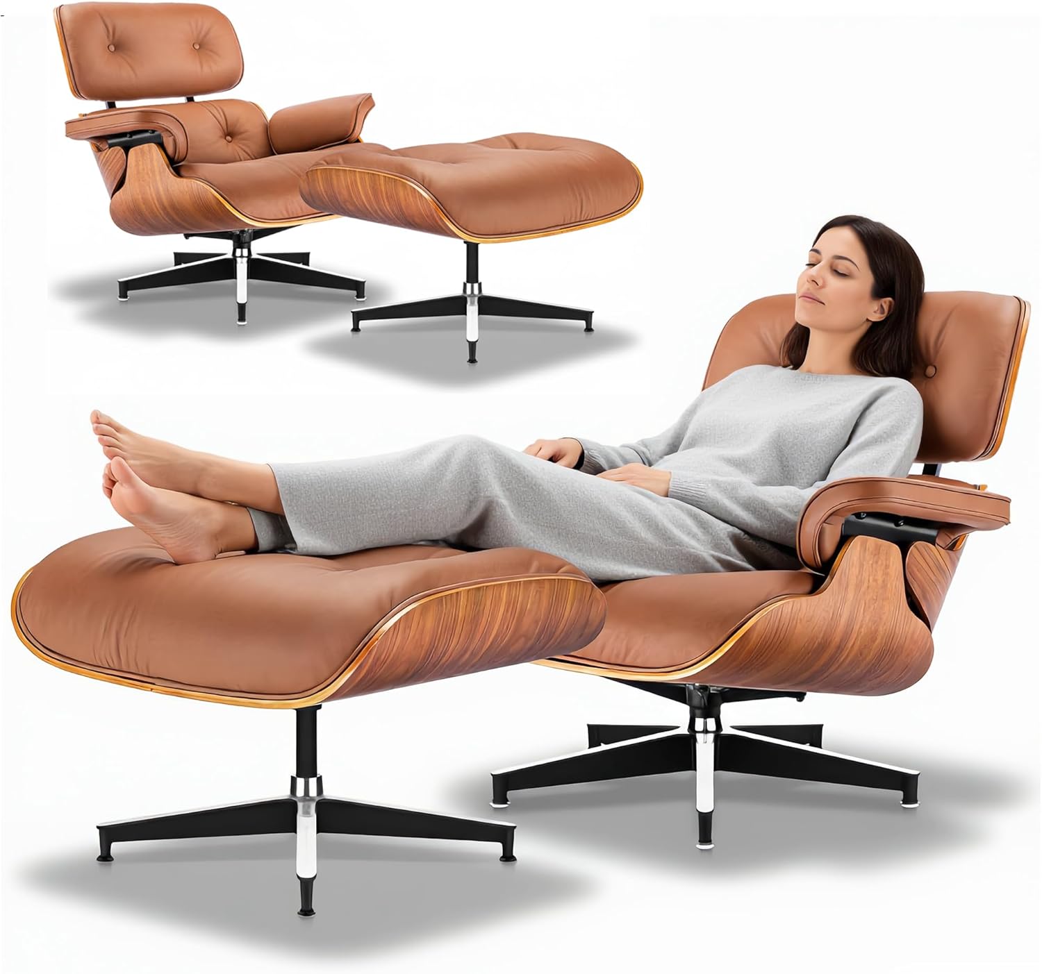 Leder Relaxsessel mit Hocker, Fester Neigungswinkel von 105°, TV-Sessel mit Gepolstertem Kissen