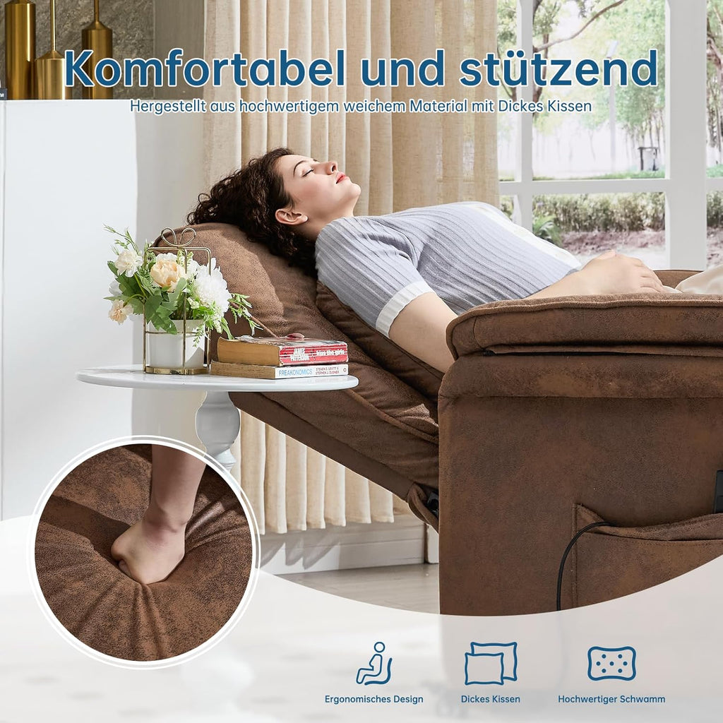 Ein Fernsehsessel mit Liegefunktion, Rollen, verstellbarer Rückenlehne und Fußstütze sowie Taschen auf beiden Seiten.