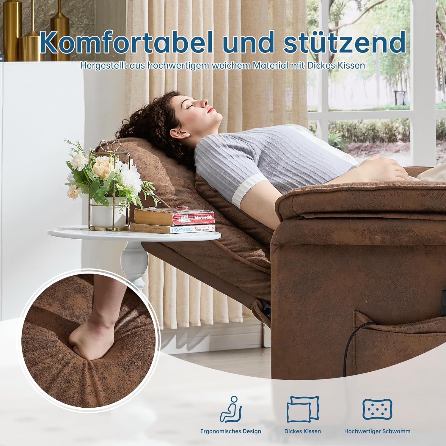 Ein Fernsehsessel mit Liegefunktion, Rollen, verstellbarer Rückenlehne und Fußstütze sowie Taschen auf beiden Seiten.