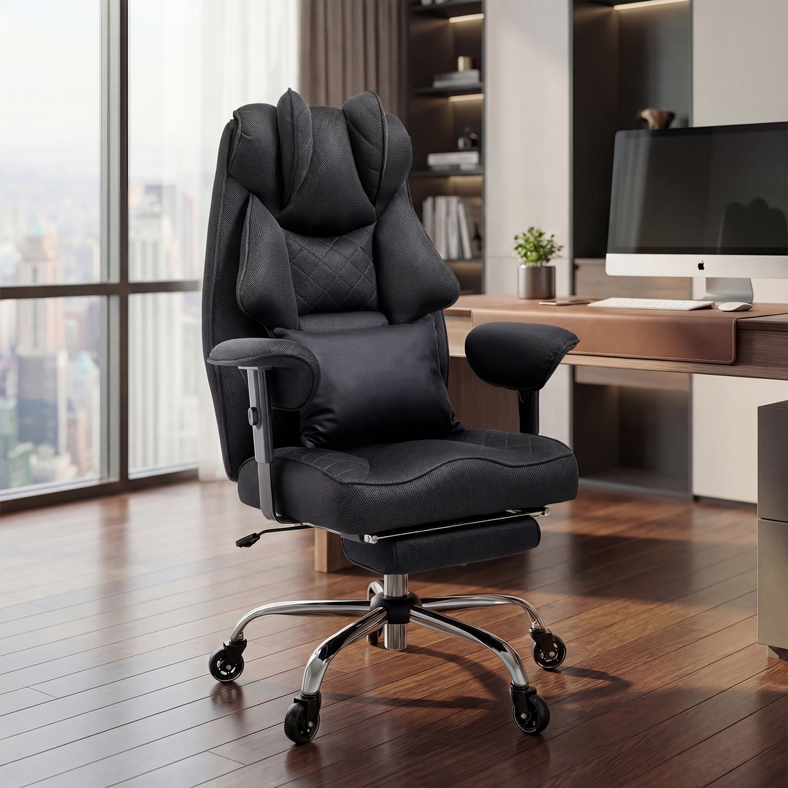 Ergonomischer Bürostuhl, Belastbarkeit 200 kg, mit Fußstütze, Lendenwirbelstütze, extra breitem Sitz, verdicktem Kissen, höhenverstellbar und Netzgewebe.